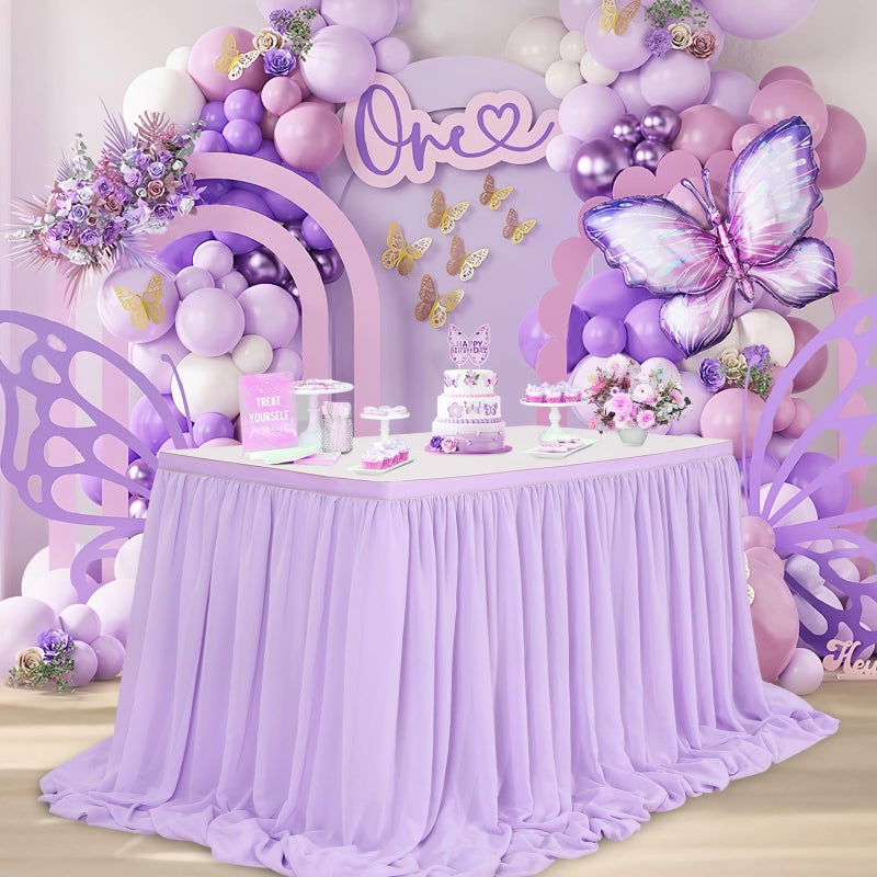 QueenDream 14ft Lavender Chiffon Table Skirt Purple Sheer Tablecloth for Rectangle Tables for Baby Shower Birthday Party Decorations - Image 3
